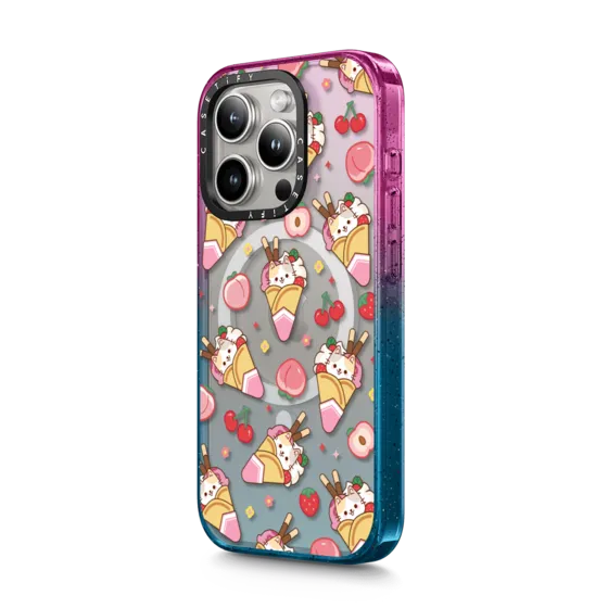 Cute Calico Cat with Strawberry Ice Cream & Peach Cherry - Cartoon Kitten Kawaii Animal with Chocolate Stick & Sweet Fruit & Food with Magsafe