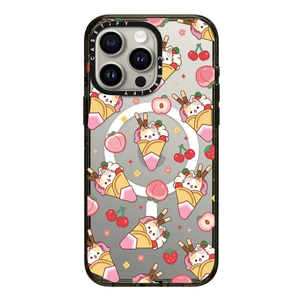 Cute Calico Cat with Strawberry Ice Cream & Peach Cherry - Cartoon Kitten Kawaii Animal with Chocolate Stick & Sweet Fruit & Food with Magsafe