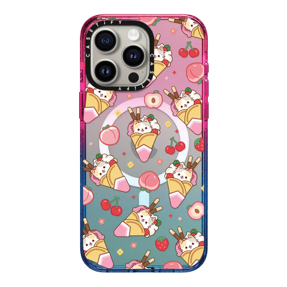 Cute Calico Cat with Strawberry Ice Cream & Peach Cherry - Cartoon Kitten Kawaii Animal with Chocolate Stick & Sweet Fruit & Food with Magsafe