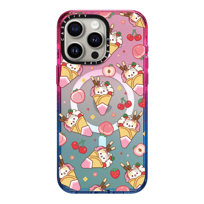 Cute Calico Cat with Strawberry Ice Cream & Peach Cherry - Cartoon Kitten Kawaii Animal with Chocolate Stick & Sweet Fruit & Food with Magsafe